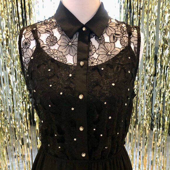Black Dress Rhinestone Embellishment Embroidered Lace Size M Forever 21 Evening - Picture 5 of 16